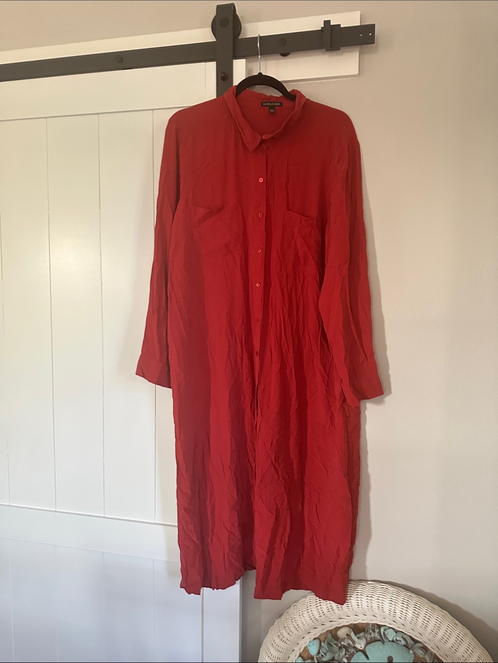 Eileen Fisher Red Long-Sleeve Button-Down Shirt Dress
